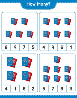 Maç sayısı, kaç pasaport. Eğitimsel çocuk oyunu, yazdırılabilir çalışma tablosu, vektör illüstrasyonu