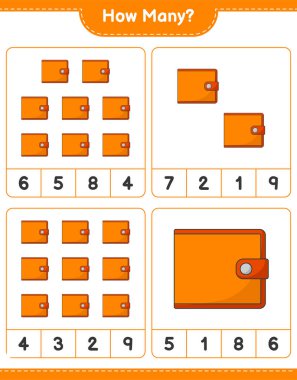 Maç sayısı, kaç cüzdan. Eğitimsel çocuk oyunu, yazdırılabilir çalışma tablosu, vektör illüstrasyonu