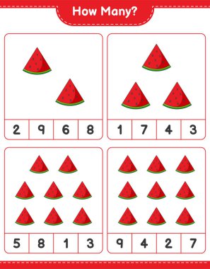 Maç sayısı, kaç karpuz. Eğitimsel çocuk oyunu, yazdırılabilir çalışma tablosu, vektör illüstrasyonu