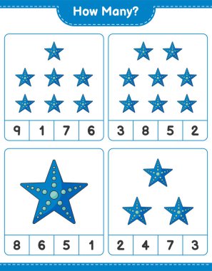 Oyun sayıyorum, kaç denizyıldızı var. Eğitimsel çocuk oyunu, yazdırılabilir çalışma tablosu, vektör illüstrasyonu