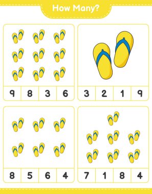 Maç sayıyorum, kaç Flip Flop. Eğitimsel çocuk oyunu, yazdırılabilir çalışma tablosu, vektör illüstrasyonu