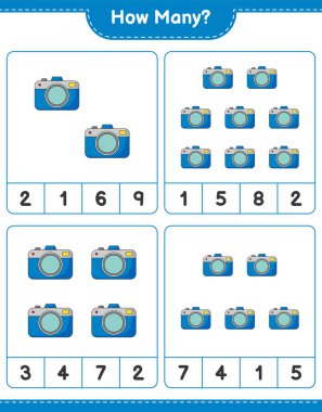 Oyun sayıyorum, kaç kamera var? Eğitimsel çocuk oyunu, yazdırılabilir çalışma tablosu, vektör illüstrasyonu