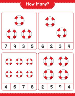 Maç sayısı, kaç Lifebuoy. Eğitimsel çocuk oyunu, yazdırılabilir çalışma tablosu, vektör illüstrasyonu