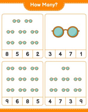 Maç sayısı, kaç tane güneş gözlüğü. Eğitimsel çocuk oyunu, yazdırılabilir çalışma tablosu, vektör illüstrasyonu
