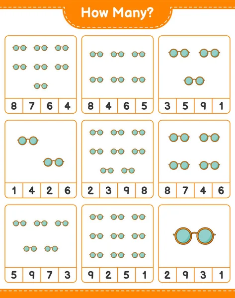 Maç sayısı, kaç tane güneş gözlüğü. Eğitimsel çocuk oyunu, yazdırılabilir çalışma tablosu, vektör illüstrasyonu