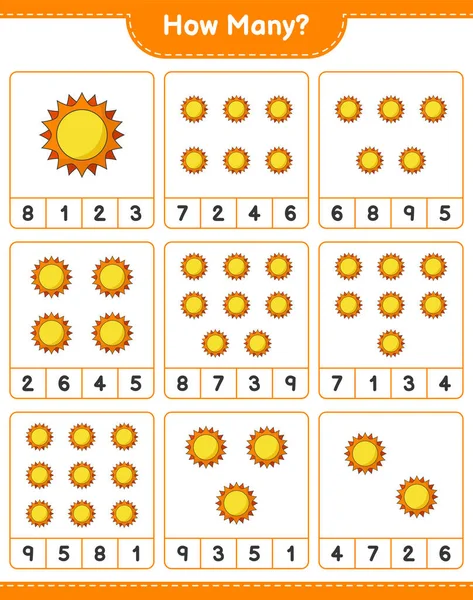 Maç sayısı, kaç Sun. Eğitimsel çocuk oyunu, yazdırılabilir çalışma tablosu, vektör illüstrasyonu