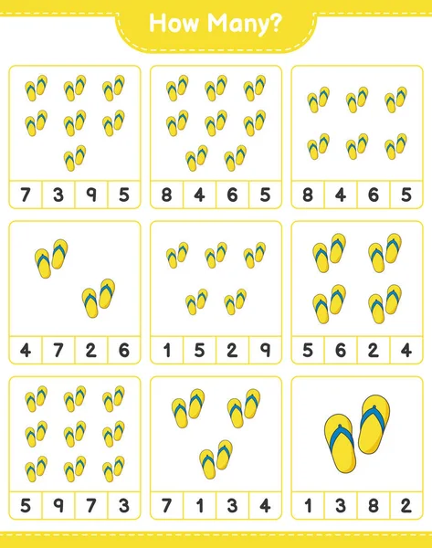 Maç sayıyorum, kaç Flip Flop. Eğitimsel çocuk oyunu, yazdırılabilir çalışma tablosu, vektör illüstrasyonu