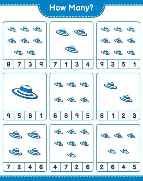 Oyun sayıyorum, kaç tane Summer Hat var? Eğitimsel çocuk oyunu, yazdırılabilir çalışma tablosu, vektör illüstrasyonu