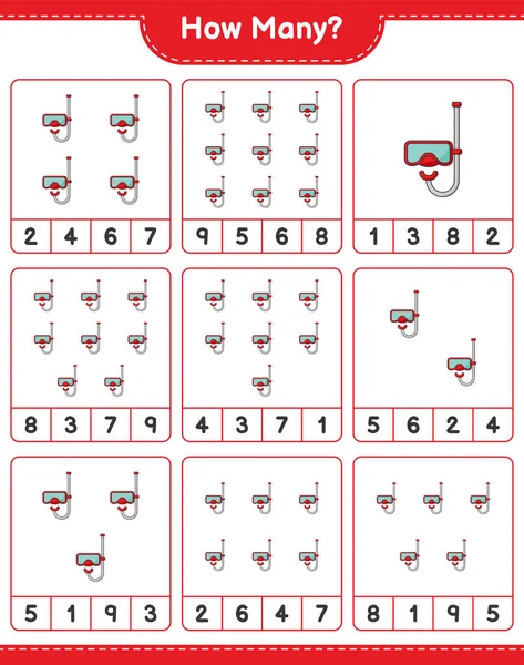 Scuba Dalış Maskesi sayma oyunu. Eğitimsel çocuk oyunu, yazdırılabilir çalışma tablosu, vektör illüstrasyonu