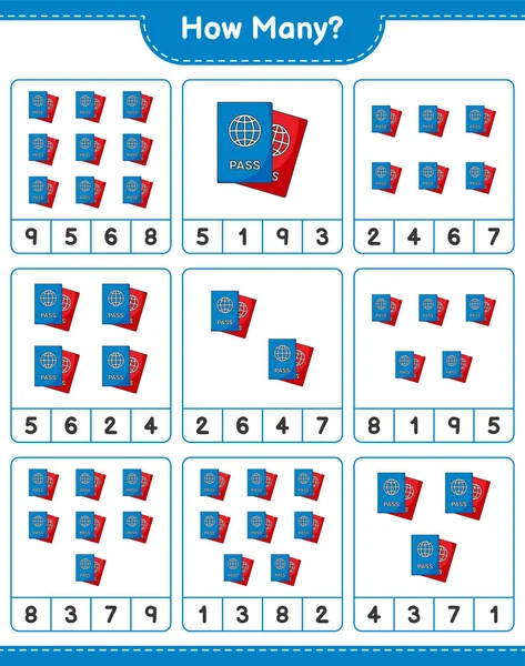 Maç sayısı, kaç pasaport. Eğitimsel çocuk oyunu, yazdırılabilir çalışma tablosu, vektör illüstrasyonu