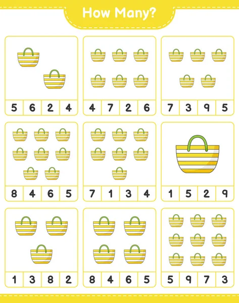 Maç sayısı, kaç tane plaj çantası. Eğitimsel çocuk oyunu, yazdırılabilir çalışma tablosu, vektör illüstrasyonu