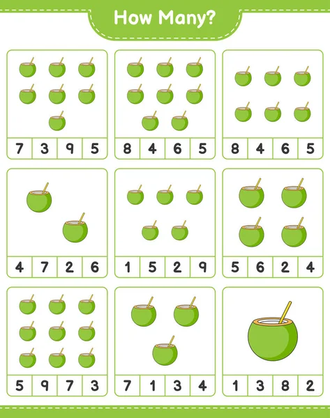 Maç sayısı, kaç hindistan cevizi. Eğitimsel çocuk oyunu, yazdırılabilir çalışma tablosu, vektör illüstrasyonu