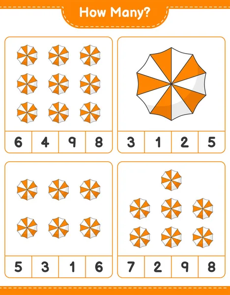 Sayma oyunu, kaç tane plaj şemsiyesi. Eğitimsel çocuk oyunu, yazdırılabilir çalışma tablosu, vektör illüstrasyonu