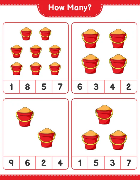 Sayı sayma oyunu, kaç tane kum kovası. Eğitimsel çocuk oyunu, yazdırılabilir çalışma tablosu, vektör illüstrasyonu