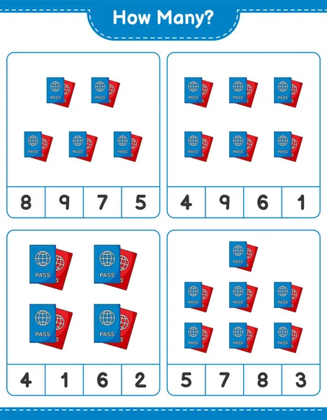 Maç sayısı, kaç pasaport. Eğitimsel çocuk oyunu, yazdırılabilir çalışma tablosu, vektör illüstrasyonu