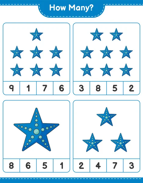 Oyun sayıyorum, kaç denizyıldızı var. Eğitimsel çocuk oyunu, yazdırılabilir çalışma tablosu, vektör illüstrasyonu