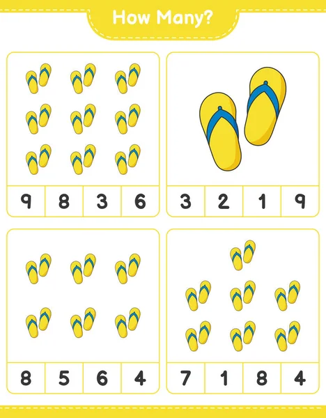 Maç sayıyorum, kaç Flip Flop. Eğitimsel çocuk oyunu, yazdırılabilir çalışma tablosu, vektör illüstrasyonu
