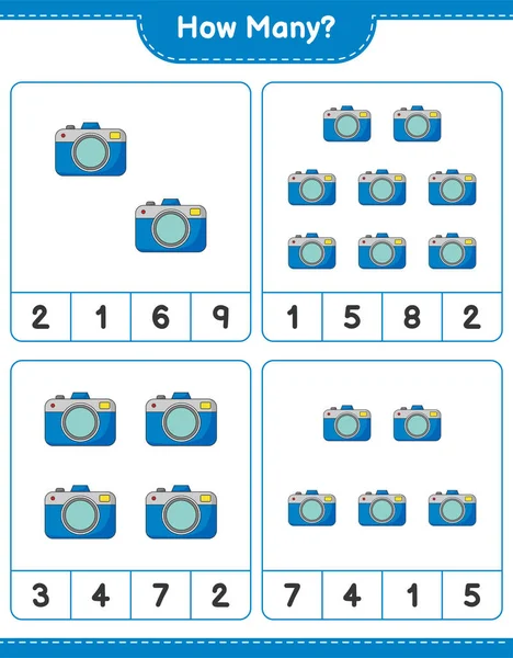 Oyun sayıyorum, kaç kamera var? Eğitimsel çocuk oyunu, yazdırılabilir çalışma tablosu, vektör illüstrasyonu