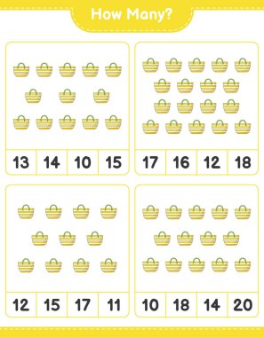 Maç sayısı, kaç tane plaj çantası. Eğitimsel çocuk oyunu, yazdırılabilir çalışma tablosu, vektör illüstrasyonu