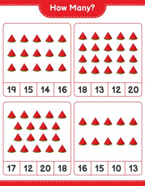Maç sayısı, kaç karpuz. Eğitimsel çocuk oyunu, yazdırılabilir çalışma tablosu, vektör illüstrasyonu
