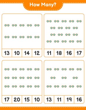 Maç sayısı, kaç tane güneş gözlüğü. Eğitimsel çocuk oyunu, yazdırılabilir çalışma tablosu, vektör illüstrasyonu