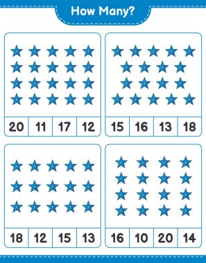 Oyun sayıyorum, kaç denizyıldızı var. Eğitimsel çocuk oyunu, yazdırılabilir çalışma tablosu, vektör illüstrasyonu