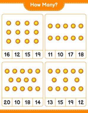 Maç sayısı, kaç Sun. Eğitimsel çocuk oyunu, yazdırılabilir çalışma tablosu, vektör illüstrasyonu