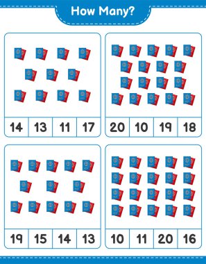 Maç sayısı, kaç pasaport. Eğitimsel çocuk oyunu, yazdırılabilir çalışma tablosu, vektör illüstrasyonu