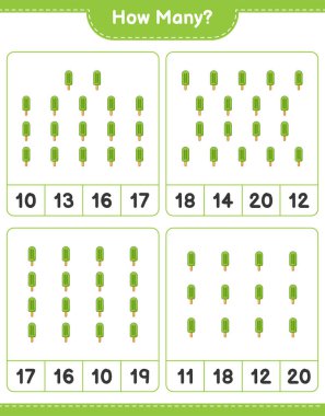 Sayma oyunu, kaç dondurma. Eğitimsel çocuk oyunu, yazdırılabilir çalışma tablosu, vektör illüstrasyonu