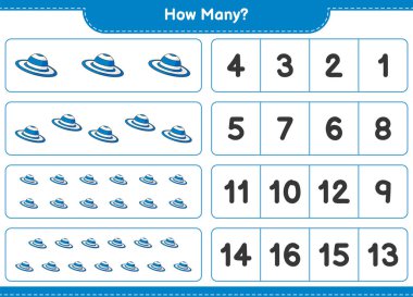 Oyun sayıyorum, kaç tane Summer Hat var? Eğitimsel çocuk oyunu, yazdırılabilir çalışma tablosu, vektör illüstrasyonu