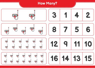 Scuba Dalış Maskesi sayma oyunu. Eğitimsel çocuk oyunu, yazdırılabilir çalışma tablosu, vektör illüstrasyonu