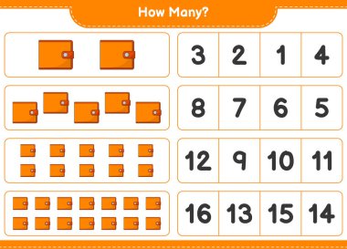 Maç sayısı, kaç cüzdan. Eğitimsel çocuk oyunu, yazdırılabilir çalışma tablosu, vektör illüstrasyonu