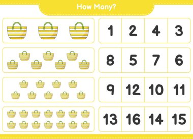 Maç sayısı, kaç tane plaj çantası. Eğitimsel çocuk oyunu, yazdırılabilir çalışma tablosu, vektör illüstrasyonu