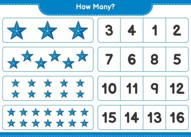 Oyun sayıyorum, kaç denizyıldızı var. Eğitimsel çocuk oyunu, yazdırılabilir çalışma tablosu, vektör illüstrasyonu
