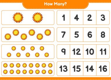 Maç sayısı, kaç Sun. Eğitimsel çocuk oyunu, yazdırılabilir çalışma tablosu, vektör illüstrasyonu