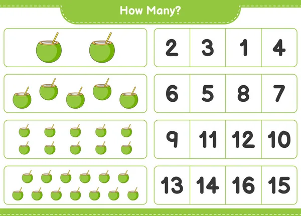 Räknar Spel Hur Många Kokosnötter Pedagogiska Barn Spel Utskrivbara Kalkylblad — Stock vektor