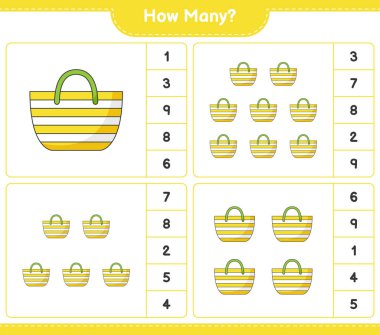 Maç sayısı, kaç tane plaj çantası. Eğitimsel çocuk oyunu, yazdırılabilir çalışma tablosu, vektör illüstrasyonu
