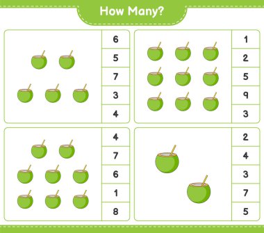 Maç sayısı, kaç hindistan cevizi. Eğitimsel çocuk oyunu, yazdırılabilir çalışma tablosu, vektör illüstrasyonu