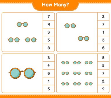 Maç sayısı, kaç tane güneş gözlüğü. Eğitimsel çocuk oyunu, yazdırılabilir çalışma tablosu, vektör illüstrasyonu