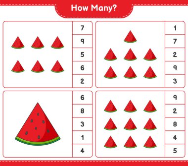 Maç sayısı, kaç karpuz. Eğitimsel çocuk oyunu, yazdırılabilir çalışma tablosu, vektör illüstrasyonu