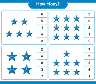 Oyun sayıyorum, kaç denizyıldızı var. Eğitimsel çocuk oyunu, yazdırılabilir çalışma tablosu, vektör illüstrasyonu