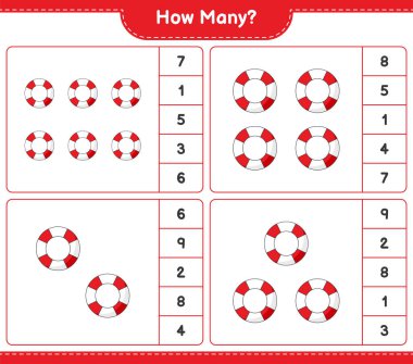 Maç sayısı, kaç Lifebuoy. Eğitimsel çocuk oyunu, yazdırılabilir çalışma tablosu, vektör illüstrasyonu