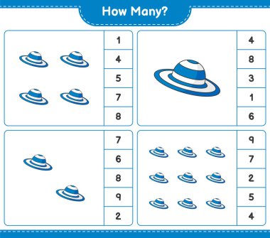 Oyun sayıyorum, kaç tane Summer Hat var? Eğitimsel çocuk oyunu, yazdırılabilir çalışma tablosu, vektör illüstrasyonu