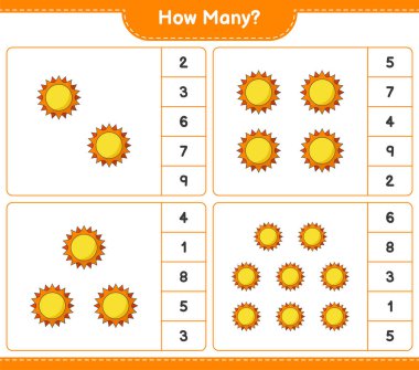 Maç sayısı, kaç Sun. Eğitimsel çocuk oyunu, yazdırılabilir çalışma tablosu, vektör illüstrasyonu