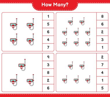 Scuba Dalış Maskesi sayma oyunu. Eğitimsel çocuk oyunu, yazdırılabilir çalışma tablosu, vektör illüstrasyonu