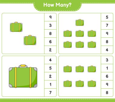 Maç sayısı, kaç bavul. Eğitimsel çocuk oyunu, yazdırılabilir çalışma tablosu, vektör illüstrasyonu