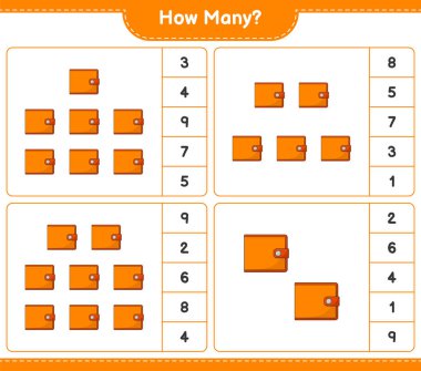 Maç sayısı, kaç cüzdan. Eğitimsel çocuk oyunu, yazdırılabilir çalışma tablosu, vektör illüstrasyonu