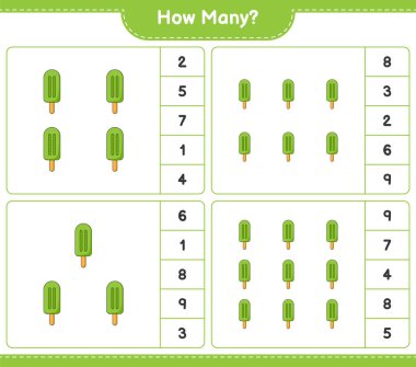 Sayma oyunu, kaç dondurma. Eğitimsel çocuk oyunu, yazdırılabilir çalışma tablosu, vektör illüstrasyonu