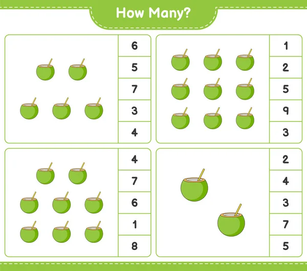 Räknar Spel Hur Många Kokosnötter Pedagogiska Barn Spel Utskrivbara Kalkylblad — Stock vektor
