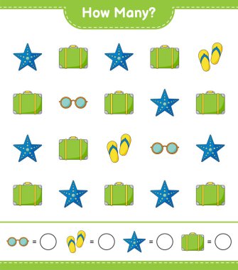 Oyun sayma, kaç tane bavul, denizyıldızı, güneş gözlüğü ve parmak arası terlik. Eğitimsel çocuk oyunu, yazdırılabilir çalışma tablosu, vektör illüstrasyonu